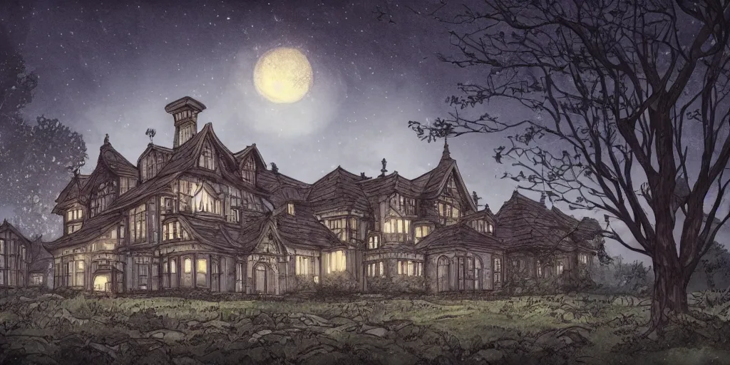 Image similar to manor in the middle of the forest, at night, no light, manga, fantasy