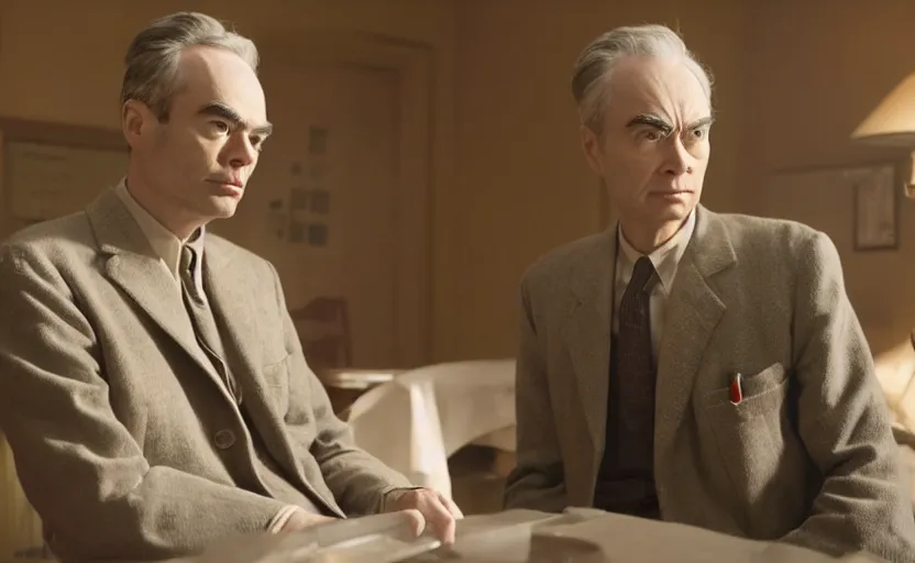 Prompt: Bill Hader as J. Robert Oppenheimer in 'Oppenheimer' (2018), movie still frame, oscar nominated cinematography, volumetric lighting, 8k resolution, beautiful composition