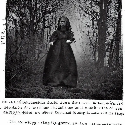 Image similar to spooky 1860 photo of an ancient girl demon devouring the the soul of the human kind on a dark forest