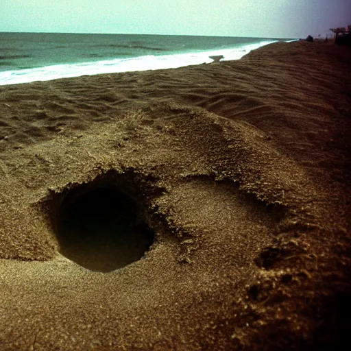 Prompt: 35 mm wide shot of a bunker sinking in the sand of Atlantic coast