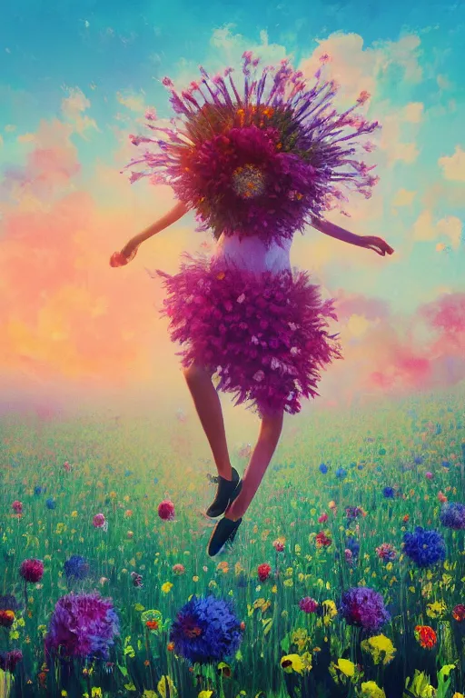 Prompt: closeup, gigantic flower head, girl in suit jumping in field of flowers, surreal photography, sunrise, blue sky, dramatic light, impressionist painting, digital painting, artstation, simon stalenhag