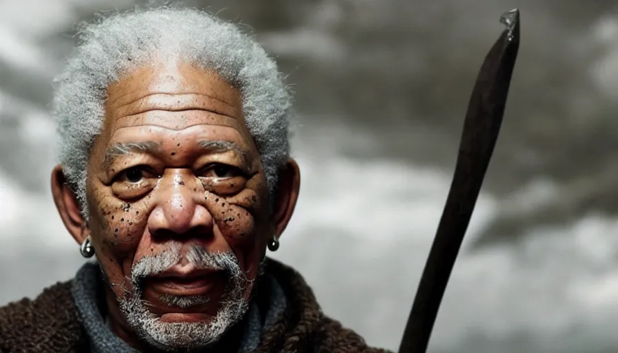 Prompt: morgan freeman starring as gandalf in lord of the rings, cnn news footage.