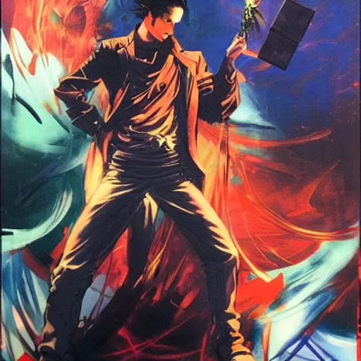 Prompt: portrait of the hacker magician in a dramatic jojo pose tarot card, oil on canvas by yoji shinkawa and esao andrews and raoul ruiz