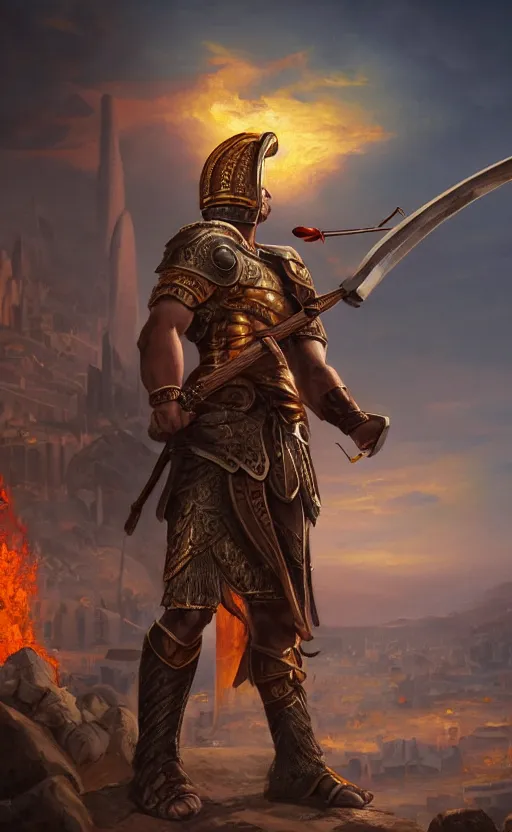 Image similar to a painting of a greek hoplite armed with a spear and shield, a burning city in the background, ultra detailed, high fantasy, 4 k, trending on artstation, cinematic