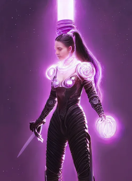 Image similar to portrait of a woman with long black hair in a ponytail, in sci - fi armor, platemail, close fitting, holding a katana made of purple energy, intricate, elegant, glowing lights, highly detailed, digital painting, artstation, concept art, smooth, sharp focus, illustration, art by wlop, mars ravelo and greg rutkowski