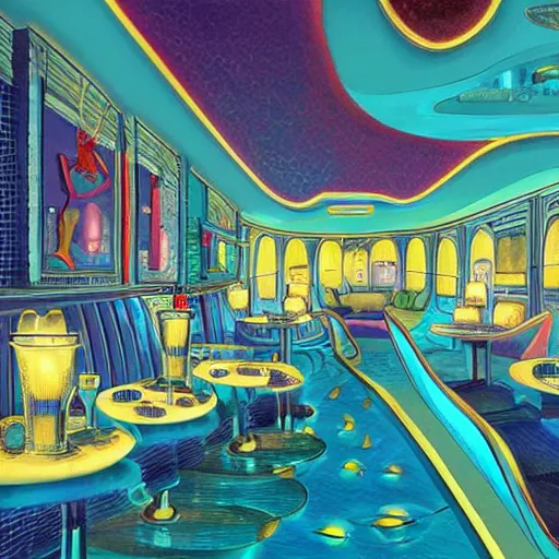 Prompt: beautiful Peter Mohrbach and tyler edlin highly detailed illustration of an underwater art deco lounge