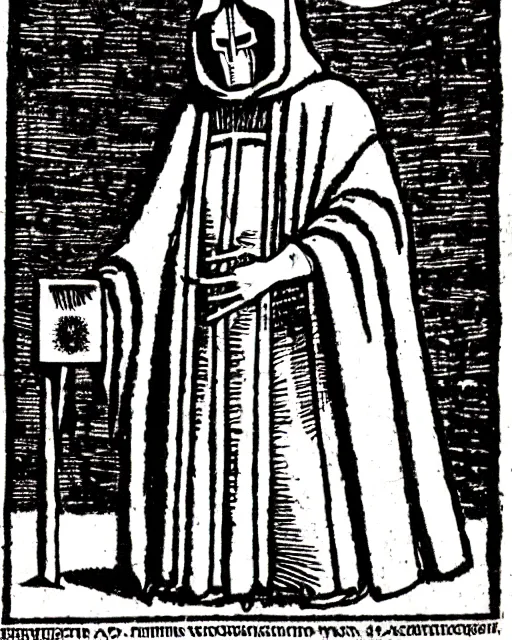 Prompt: b & w woodcut of doctor doom from the nuremberg chronicle, 1 4 9 3, restored, hq scan