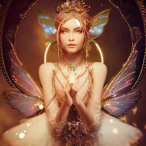 Image similar to portrait of fairy princess, glowing, ornate and intricate jewelry, jaw dropping beauty, glowing background lighting, white accent lighting, hyper detailed, fairy tale, 4 k octane render