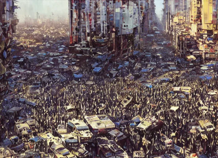 Image similar to people protesting in a dystopian santiago de chile by john berkey