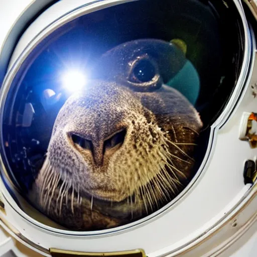 Prompt: close-up of an astronaut space helmet with an otter's face visible inside, dramatic lighting, realistic reflections