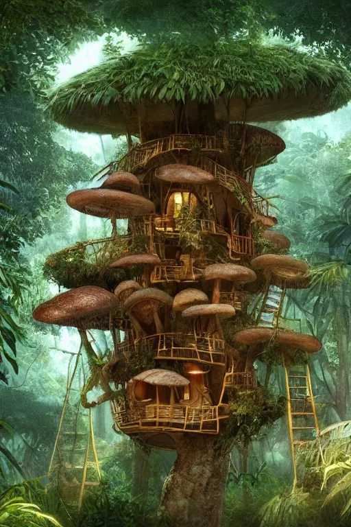 Prompt: a tree house in the jungle, big mushroom growing on tree trunk, by alba ballesta gonzalez and robbie trevino. 4 k wallpaper, digital 2 d, illustration. extremely detailed, cinematic lighting, smooth sharp focus.