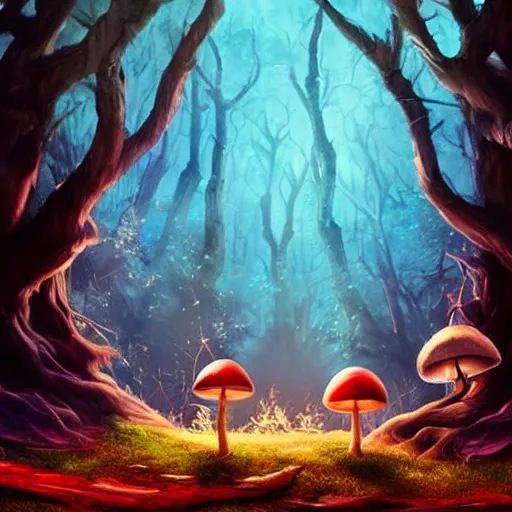 Prompt: promotional movie still! an anthromoprhic mushroom fights an evil wizard for control of the magical forest cinematic lighting concept art artstation cgsociety