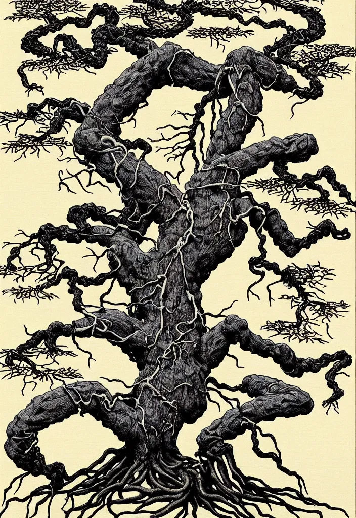 Image similar to prompt: anatomy dissection drawing skeleton Bonsai tree drawn by Takato Yamamoto, bonsai skeleton anatomy atlas, veins and organs attached to tree roots, alchemical objects inspired by 1980's sci-ci, old experimentation cabinet, intricate oil painting detail, manga 1980