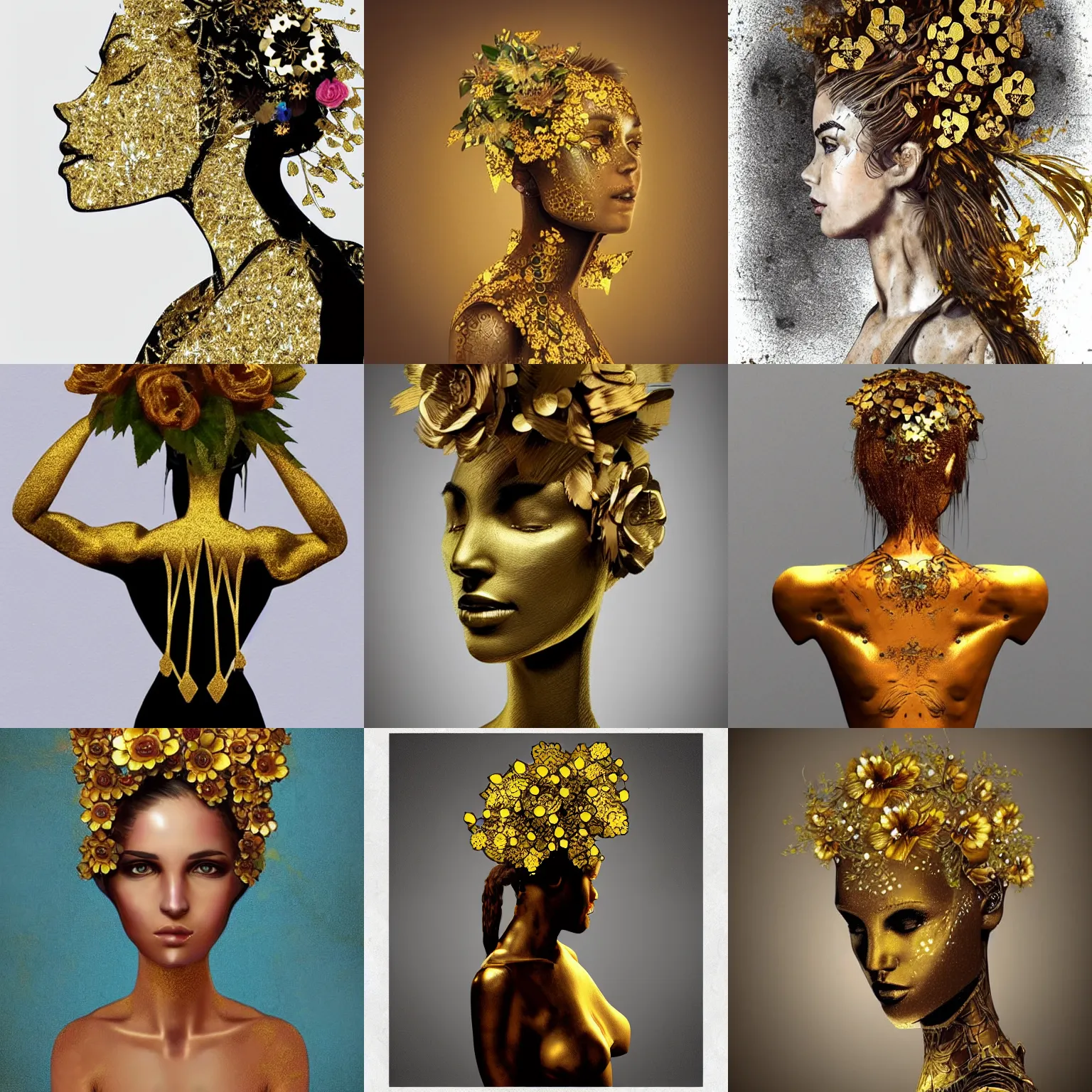 Prompt: upper body silhouette of a woman made out of metal and gold with flowers on her head. artwork. trending on artstation.