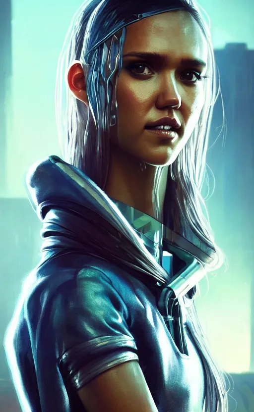 Prompt: portrait of jessica alba as a character in arabian Cyberpunk 2077, looking at camera, intricate, dystopian, sci-fi, extremely detailed, digital painting, artstation, concept art, smooth, sharp focus, illustration, intimidating lighting, incredible art by artgerm and greg rutkowski and alphonse mucha and simon stalenhag