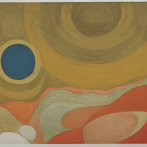 Image similar to doom by hilma af klint sepia. a mixed mediart of a landscape. it is a stylized & colorful view of an idyllic, dreamlike world with rolling hills, peaceful animals, & a flowing river. the scene looks like it could be from another planet, or perhaps a fairy tale.