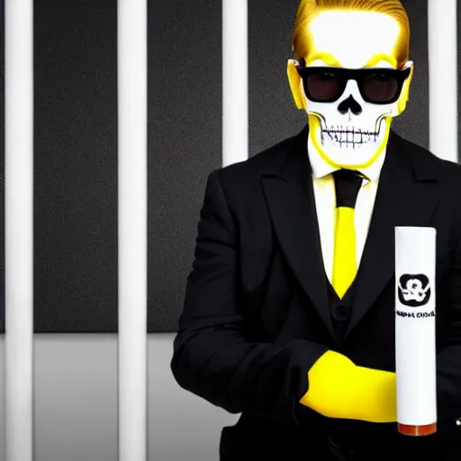 Prompt: man with black suit, yellow glasses, cigarette, skull make - up, white leather gloves, long blonde hair