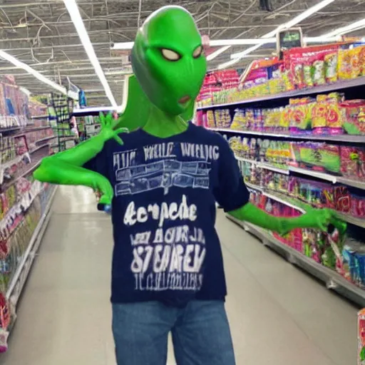 Prompt: an alien shopping at walmart