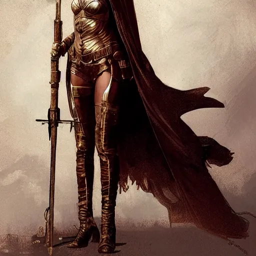 Image similar to highly detailed steampunk gal gadot standing, cape, staff : leonardo da vinci, greg rutkowski, magali villeneuve