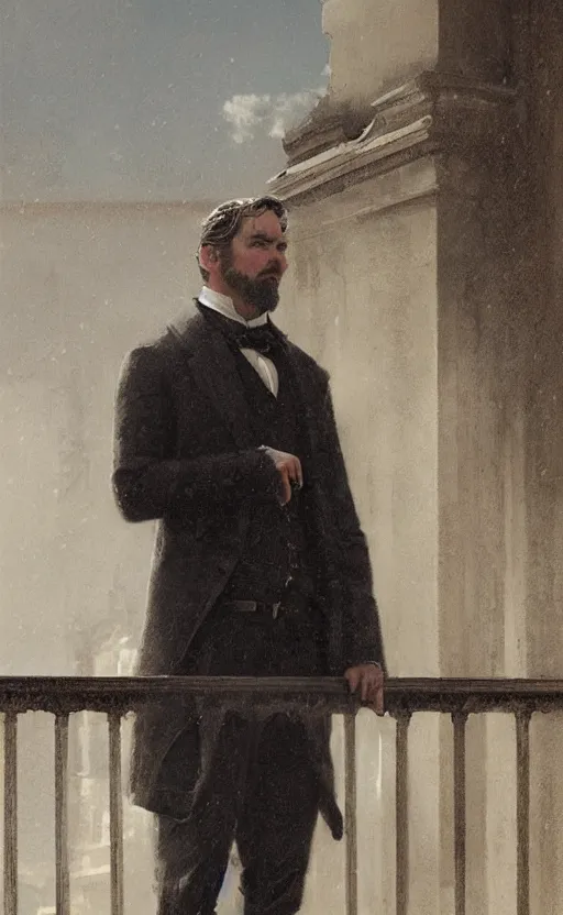 Prompt: Portrait of a victorian gentleman standing on a balcony, male, detailed face, 19th century, highly detailed, cinematic lighting, digital art painting by greg rutkowski