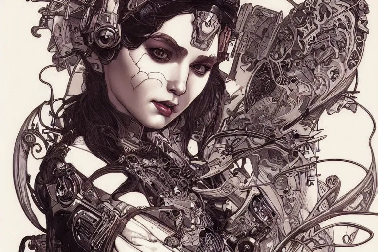 Image similar to comic book illustration, portrait of a very pretty girl with a joe fenton tattoo on her face, cyberpunk concept art by artgerm and Alphonse Mucha and Moebius, highly detailed, intricate, sci-fi, sharp focus, Trending on Artstation HQ, deviantart