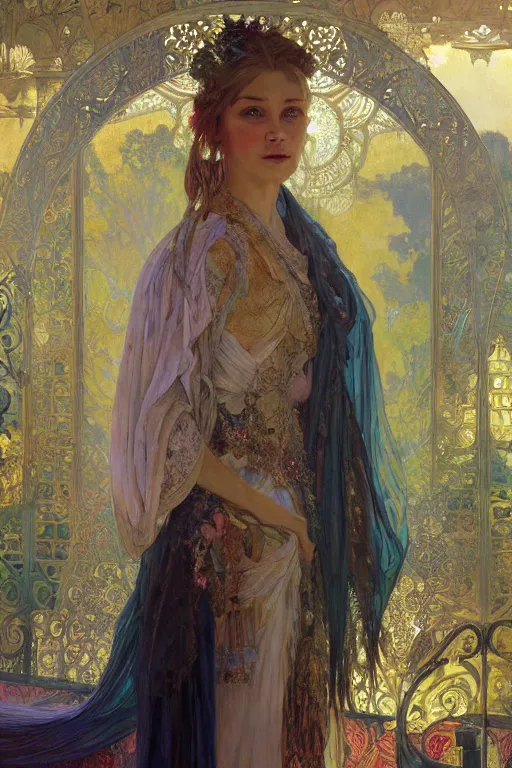 Image similar to hyperrealist portrait of a girl emperorit is decorated with long robes that fall like stars, an ostentatious palace and garden are seen in the background. by jeremy mann and alphonse mucha, fantasy art, photo realistic, dynamic lighting, artstation, poster, volumetric lighting, very detailed faces, 4 k, award winning