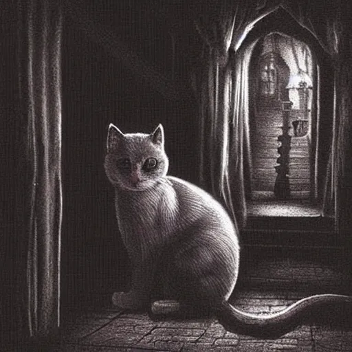 Image similar to cat inside creepy scary nightmare atmosphere, realsitic