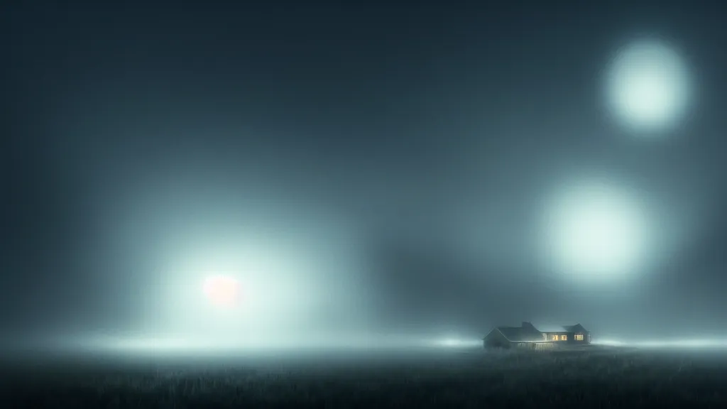 Image similar to thin luminous threads stretch from a black sphere that is in the sky above a small village with many houses in the fog, fog, volumetric lighting, mystique, atmospheric, sharp focus, ultra detailed, ross tran, thierry doizon, kai carpenter, ignacio fernandez rios, noir art house, 4 k, 3 5 mm