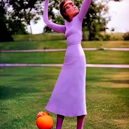 Image similar to sigma 8 5 mm f / 1. 4, monumental pale violet by slim aarons. a performance art of a young woman holding an orange