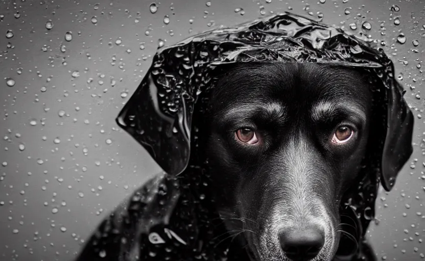 Prompt: studio photography of a sad dog sitting in rain, detailed face, 8 k