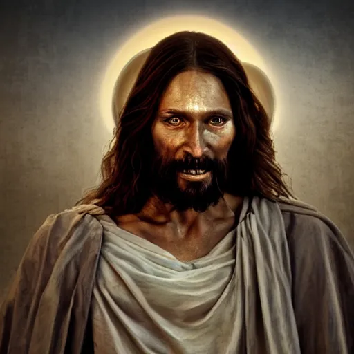 Image similar to a realistic photo of demonic Jesus Christ scary, horror, demons, terror, terrifying, dark, gloomy, ominous, hyper realism, wide shot, photography, photograph, hyper realism, detailed face, render,