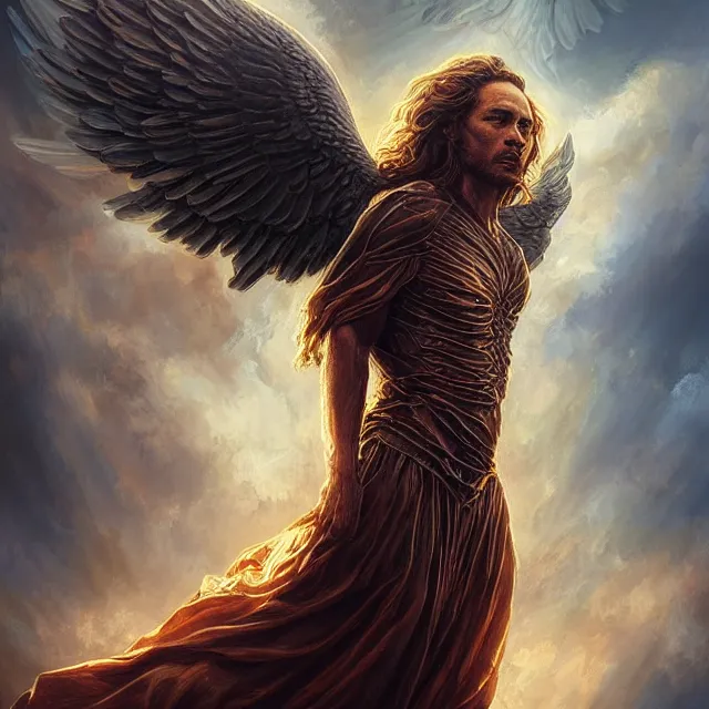 Image similar to majestic gracious archangel michael portrait, atmospheric lighting, painted, menacing, intricate, volumetric lighting, beautiful, rich deep colours masterpiece, golden hour, sharp focus, ultra detailed, by leesha hannigan, ross tran, thierry doizon, kai carpenter, ignacio fernandez rios