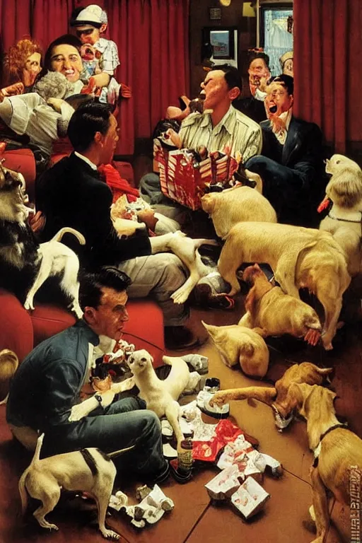 Image similar to ten dogs watching a movie at movie theater eating popcorn painted by norman rockwell