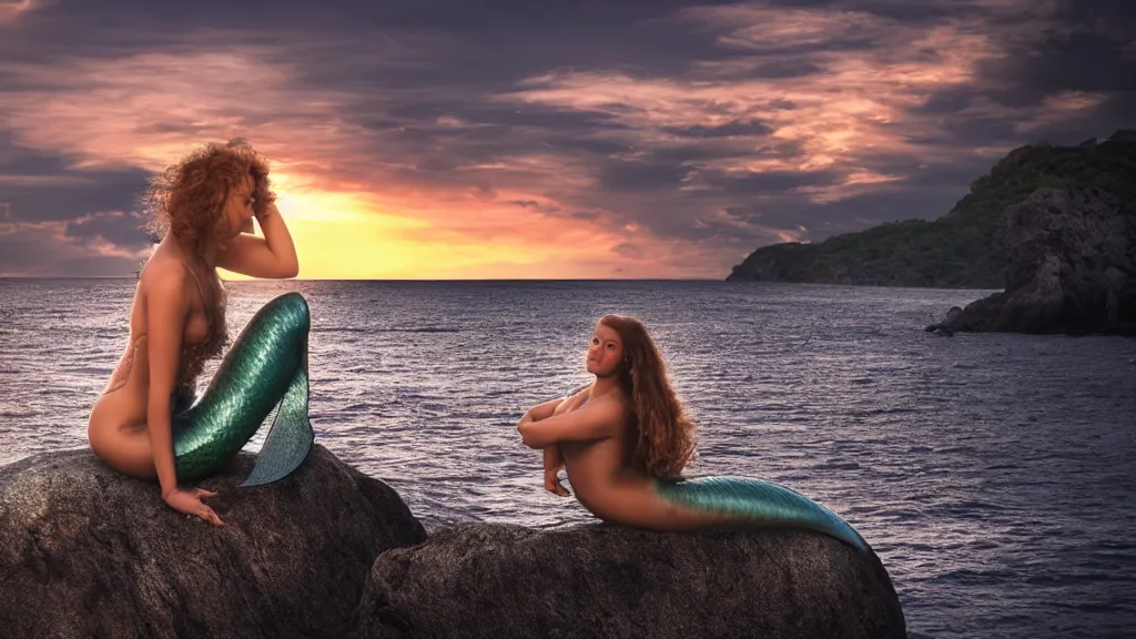 Image similar to a beautiful photograph of a mermaid sits on a rock and stares at the island, sunset lighting, rim light, hyper realistic, 1 0 5 mm, cinematic frame