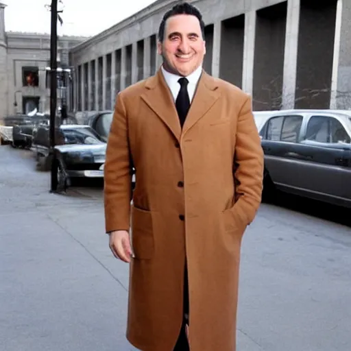 Image similar to full length shot : : clean - shaven smiling white chubby italian american man in his 4 0 s wearing a long brown overcoat and necktie and black shoes shoes shoes holding a burger, 2 0 0 6 advertising promo shot