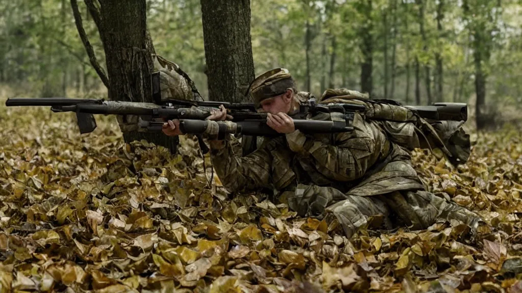 Image similar to a soldier with a rifle in tarkov made of leaves and twigs hiding in a tree, film still from the movie directed by Denis Villeneuve with art direction by Salvador Dalí, wide lens