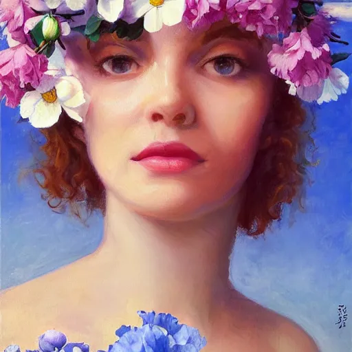 Image similar to a portrait of a romantic woman with flowers grow out of hair, roses peonies forget-me-nots dahlias lupins gladioli, sky theme in background, by Alexandr Averin, Digital Art, Trending on artstation