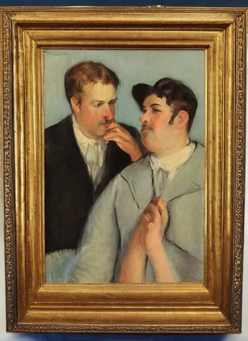 Prompt: vintage beautiful painting of a two men looking at a hanging pear in Mary Cassatt style