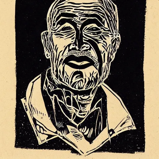 Prompt: portrait of the last living gamer by woodblock print