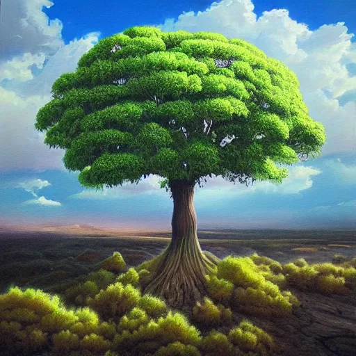 Prompt: a painting of a majestic green tree in the desert, an airbrush painting by breyten breytenbach, cgsociety, neo - primitivism, dystopian art,! apocalypse landscape!!