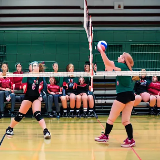 Prompt: highly detailed sports photography of a girls volleyball game