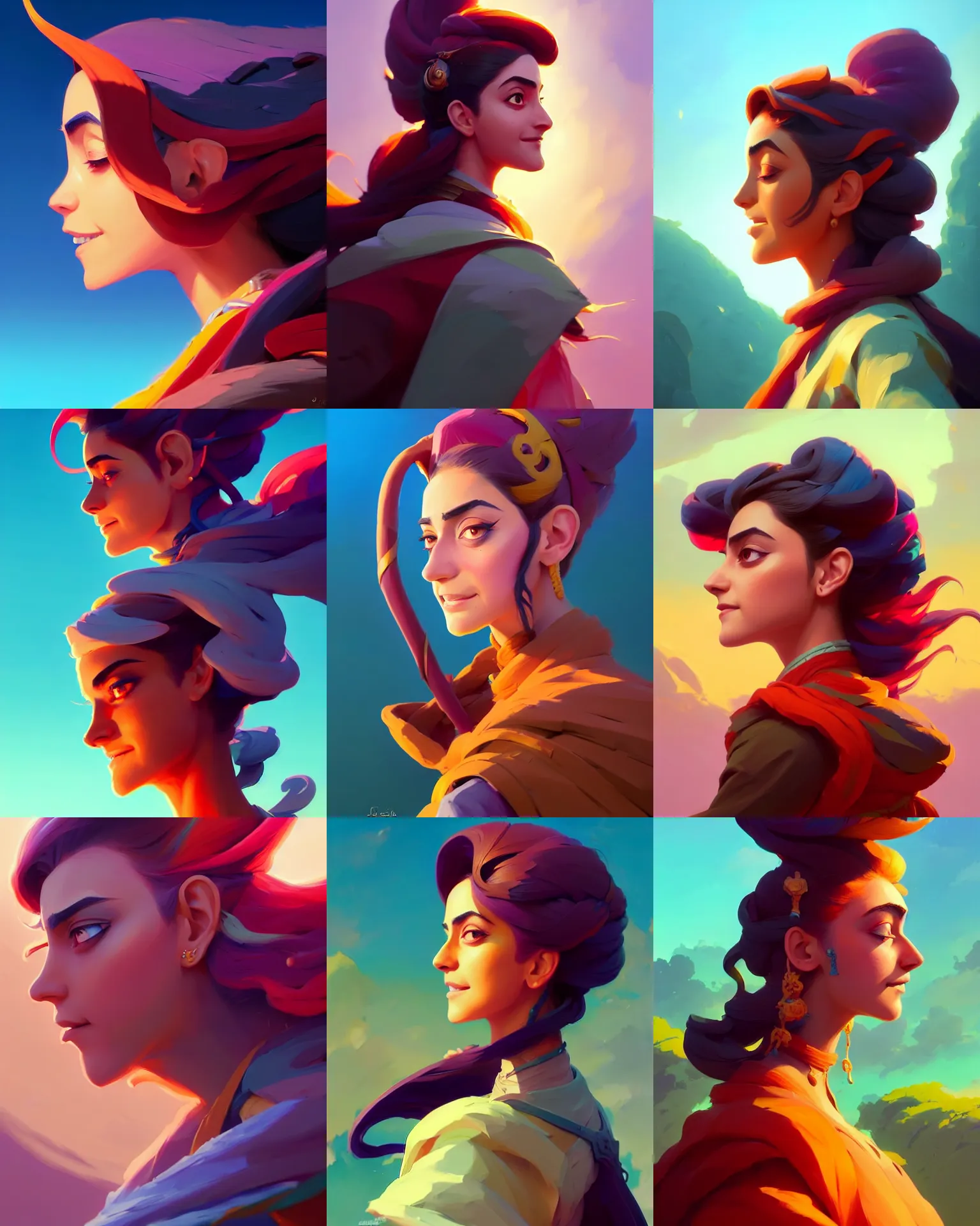 Prompt: side - profile painted portrait, maya ali as a wind mage, fantastically gaudy colors, octane render, bastion, matte painting concept art, official fanart behance hd artstation by jesper ejsing, by rhads and makoto shinkai and lois van baarle and ilya kuvshinov and rossdraws