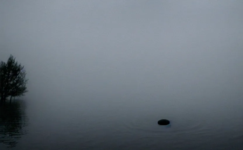 Image similar to low angle camera lens is just above the water surface of a lake, scene from a film directed by charlie kaufman ( 2 0 0 1 ), foggy volumetric light morning, extremely moody, cinematic, anamorphic lens wide angle
