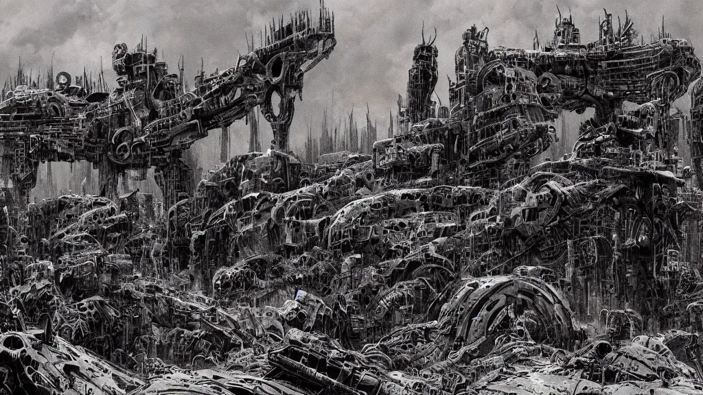 Image similar to group of survivors, no man's land, remnants of the human civilization, post - apocalyspe, machines, bleak, eerie atmospheric, a color illustration by tsutomu nihei, gerald brom and vincent di fate, epic cinematic matte painting