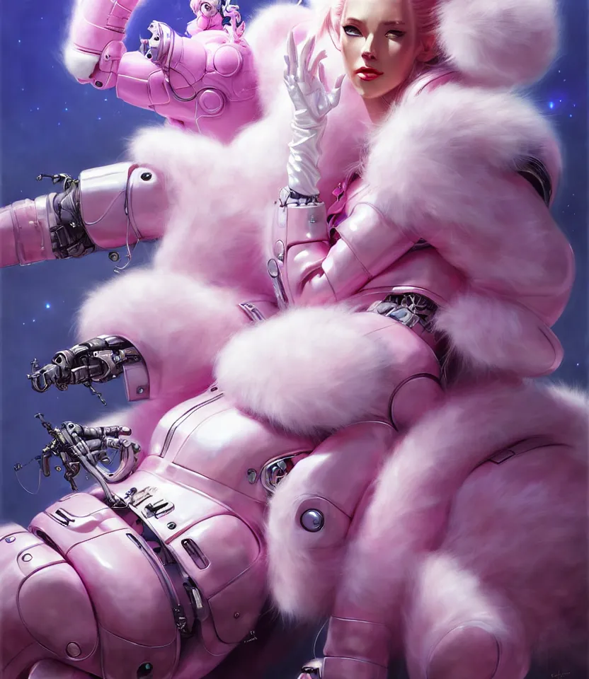 Image similar to beautiful fantasy character portrait, wearing pink puffy bomber jacket with white fur, seductive reclining pose, futuristic chrome drones, ultra realistic, dramatic lighting, robots, the fifth element artifacts, highly detailed by peter mohrbacher, hajime sorayama, wayne barlowe, boris vallejo, aaron horkey, gaston bussiere, craig mullins