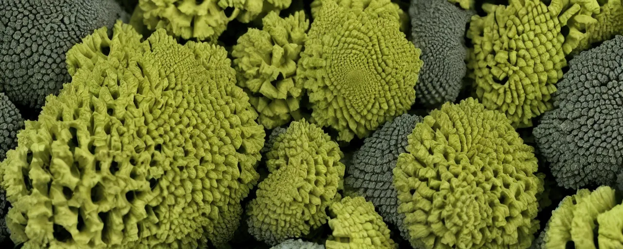 Prompt: biomechanical romanesco broccoli city, close up, depth of field, highly detailed, photorealistic