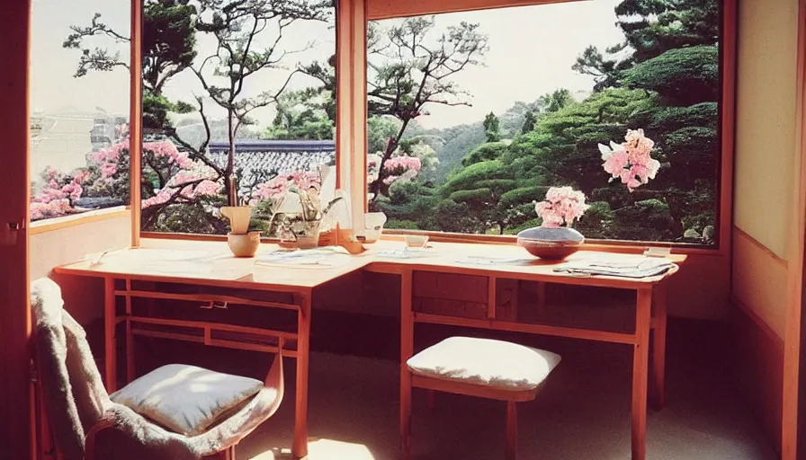 Image similar to 1 9 9 0 s candid 3 5 mm photo of a beautiful day in the a dreamy japanese flowery cottage designed by gucci, cinematic lighting, cinematic look, golden hour, a desk for flower arrangements and journaling has sun shinning on it through a window, temple in the distance, photographed by petra collins, uhd