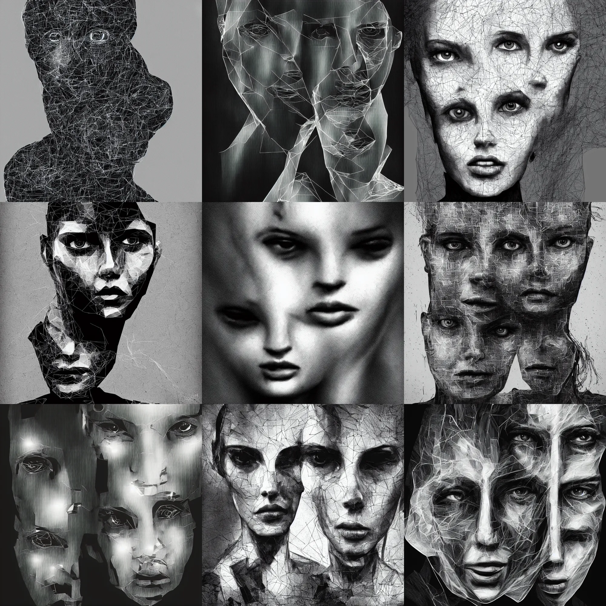 Prompt: vector line drawing portrait of an artificial intelligence android, extreme photographic detail by lee jeffries
