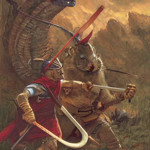 Image similar to martin the mouse warrior battling Asmodeus the serpent by James Gurney. Redwall.