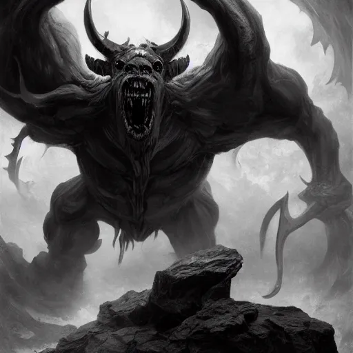 Prompt: full body, grayscale, muscled humanoid balrog demon, horns, claws, large horned tail, heroic pose, swirling flames, Sorie Kim, Gustave Dore, Greg Rutkowski,